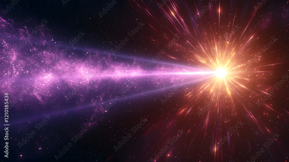 Poster radiant purple laser beam shooting through a deep black backdrop with glowing flares and detailed ra