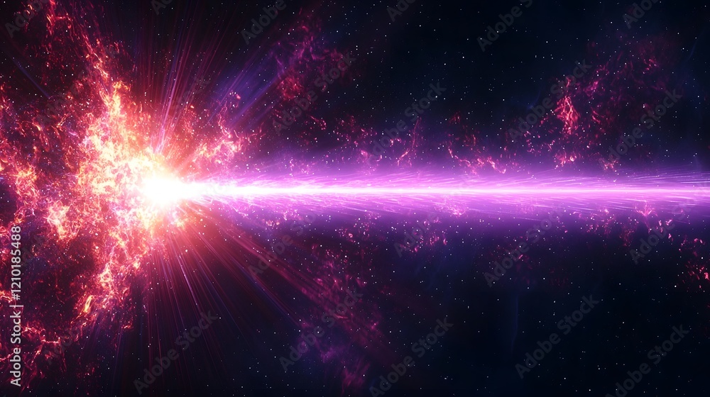 Poster Radiant purple laser beam shooting through a deep black backdrop with glowing flares and detailed rays of light creating a captivating futuristic and cosmic visual display