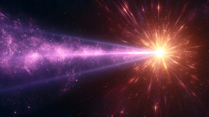 Fototapeta premium Radiant purple laser beam shooting through a deep black backdrop with glowing flares and detailed rays of light creating a mesmerizing cosmic and futuristic visual spectacle