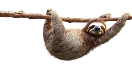 Obraz premium Sloth hanging from tree branch, relaxed posture in natural habitat, isolated on transparent background