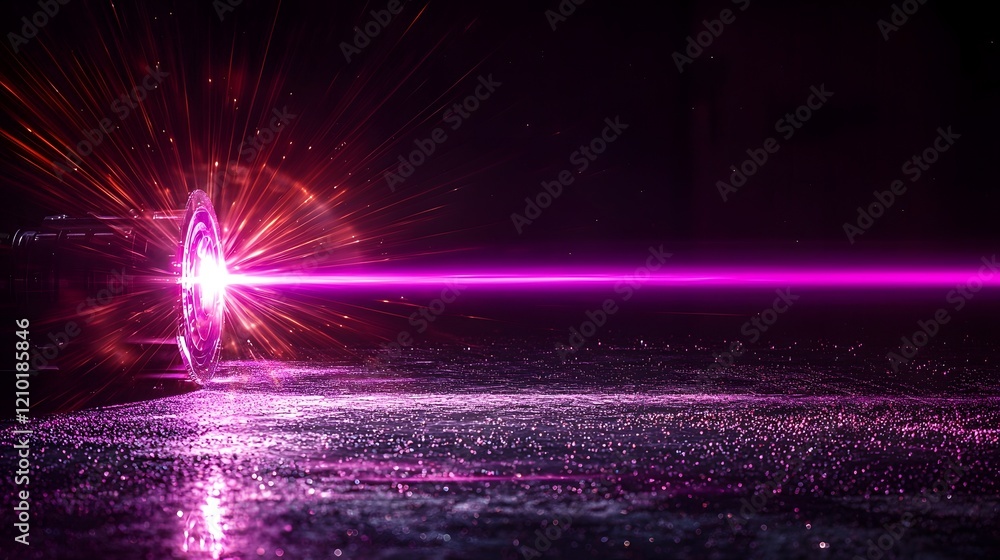 Leinwandbilder a bold and vivid purple laser beam glowing intensely on a black backdrop with radiant light rays and
