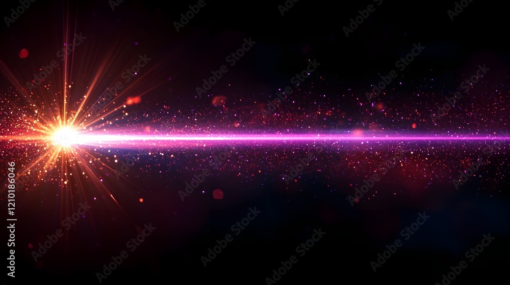 Poster Elegant purple laser beam illuminating a dark black background with vibrant flare effects and sharp light ray patterns creating a futuristic cosmic and technology driven aesthetic