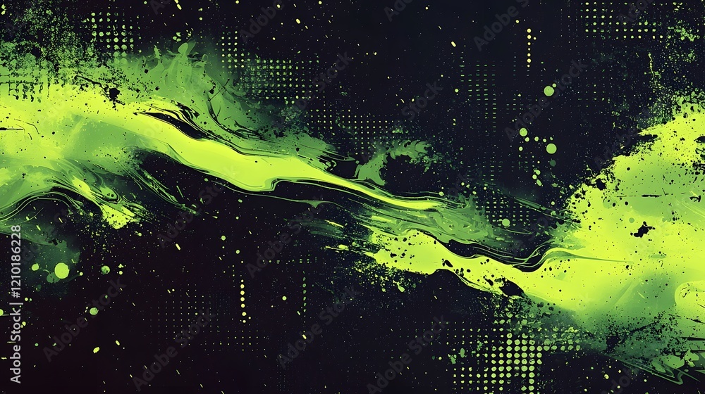Poster Grungy black and green halftone pattern with cyberpunk inspired textures and abstract futuristic details  Vibrant digital art background with dynamic splatter and glitch effects