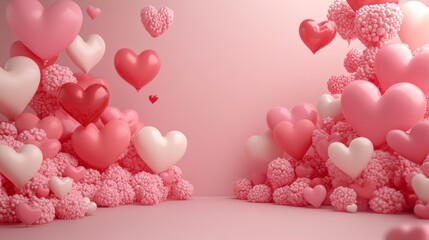 3d blank banner for valentines day with love heart ballon on pink color background. Generate Ai