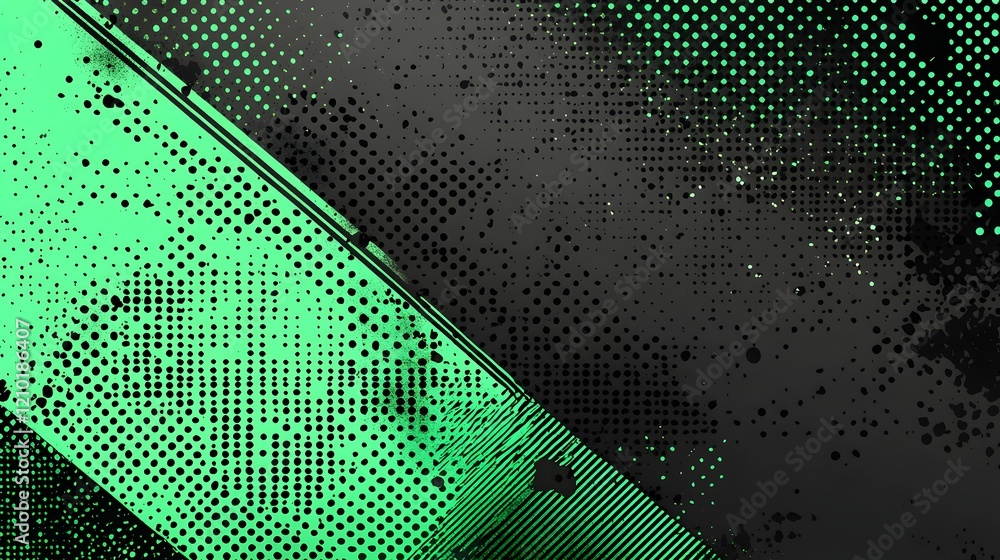Poster Futuristic cyberpunk inspired abstract background with halftone dots grungy textures and a bold green and black color scheme creating a high tech digital and modern aesthetic