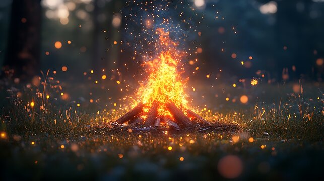 Campfire Mystique: A mesmerizing campfire crackles and pops, casting an ethereal glow amidst a backdrop of a dark forest. The dancing flames create a captivating display of light and shadow.