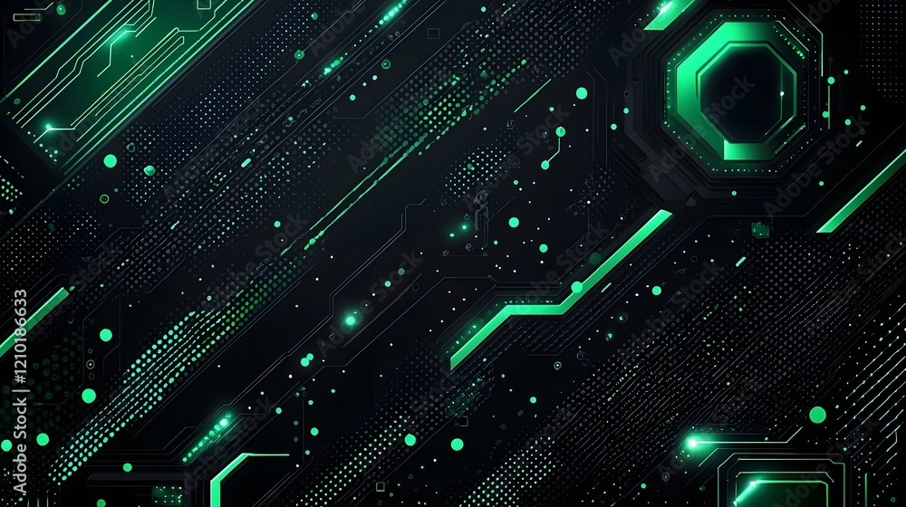 Poster An abstract and futuristic digital background featuring a vibrant black and green halftone design with edgy grungy dots cyberpunk style elements and a dynamic high tech aesthetic