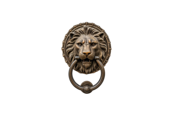 A detailed bronze lion-head door knocker with a fierce expression, gripping a circular ring, symbolizing power and elegance. Isolated on a transparent background