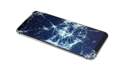 Smartphone with a cracked screen, isolated on transparent background