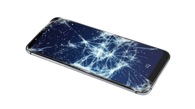Smartphone with a cracked screen, isolated on transparent background