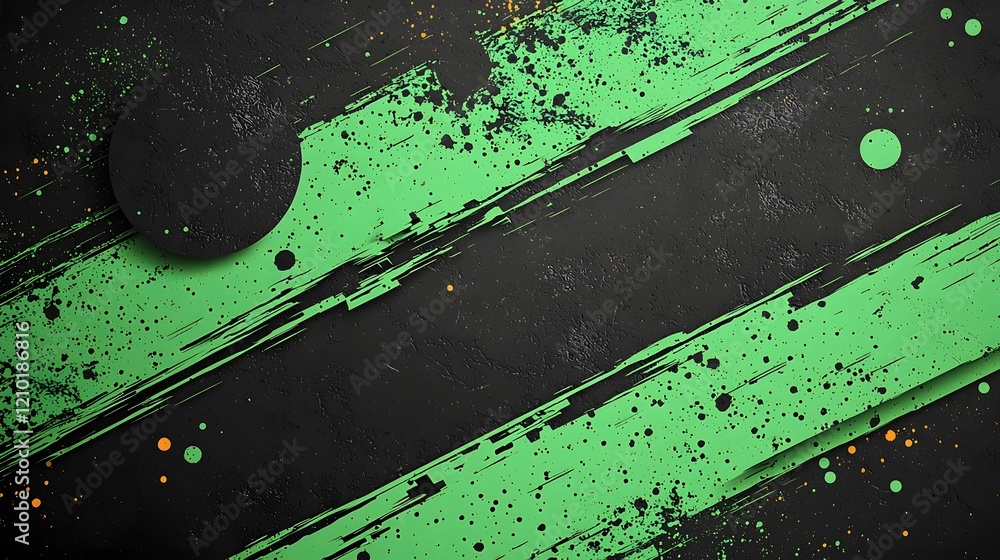 Poster Bold and dynamic abstract halftone design featuring a futuristic aesthetic with distressed grunge dots splashes and geometric elements in a striking green and black color scheme