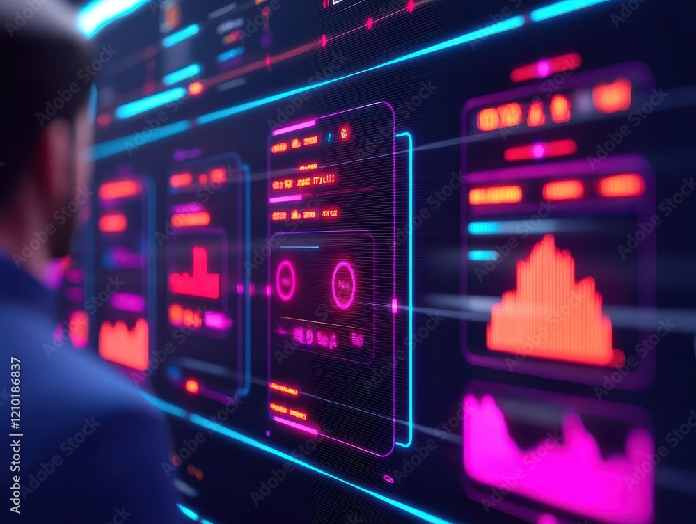 Poster a person analyzes vibrant data visualizations on a futuristic interface, showcasing graphs and stati