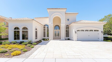 Obraz premium Luxurious white villa, sunny day, paved driveway, landscaped gardens, real estate listing