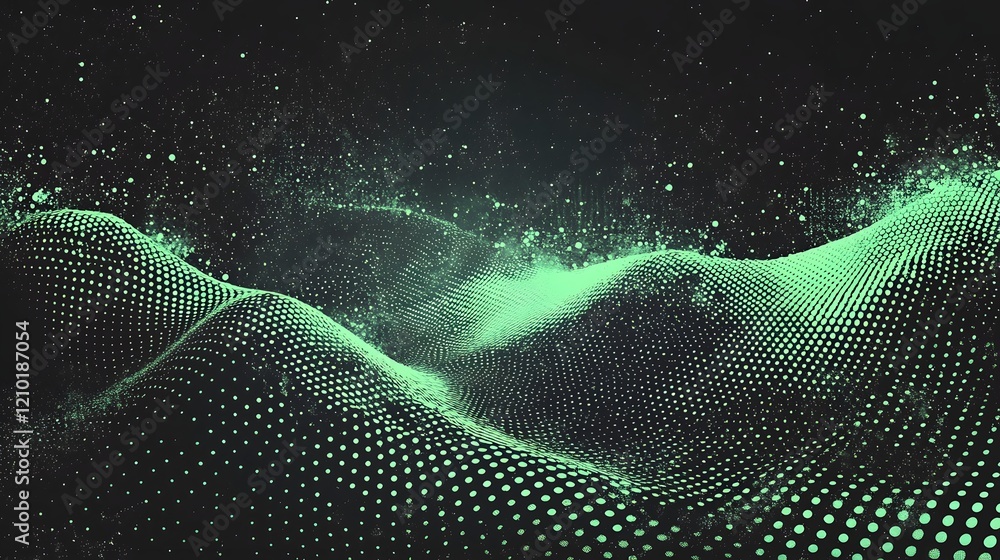 Poster Captivating abstract digital halftone pattern with futuristic neon accents and grunge textured background  Mesmerizing generative design with dynamic particles and luminous gradient effects