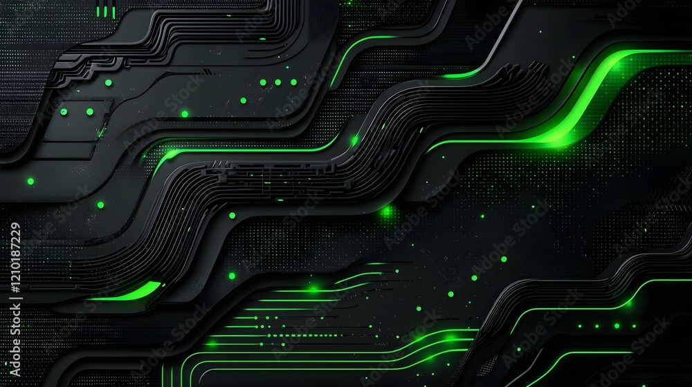 Poster Futuristic cyberpunk inspired digital halftone background with grungy textures glowing green geometric patterns and dynamic lines and shapes