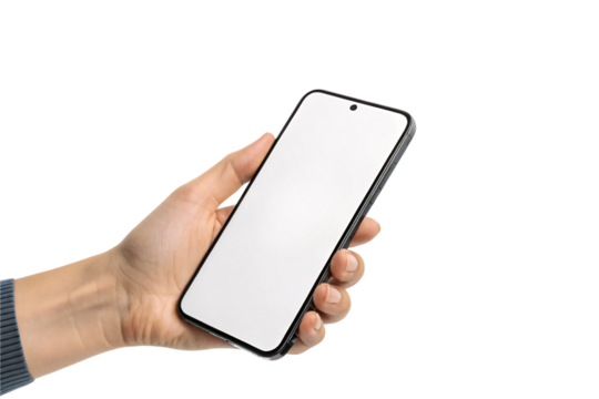 A hand holding a modern smartphone with a white blank screen, ready for customization, showcasing a sleek design and thin bezels. Isolated on a transparent background
