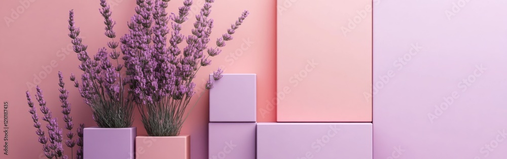 Aufkleber colorful pastel lavender and pink blocks arranged with fresh lavender stems in vases on a soft backg