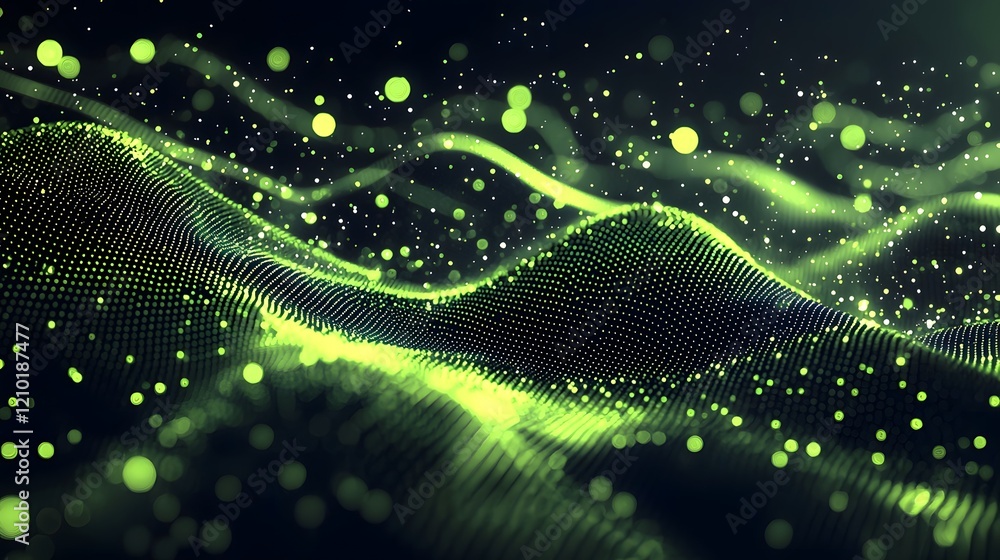 Poster striking cyberpunk inspired halftone pattern design with a dynamic mix of glowing green accents abst