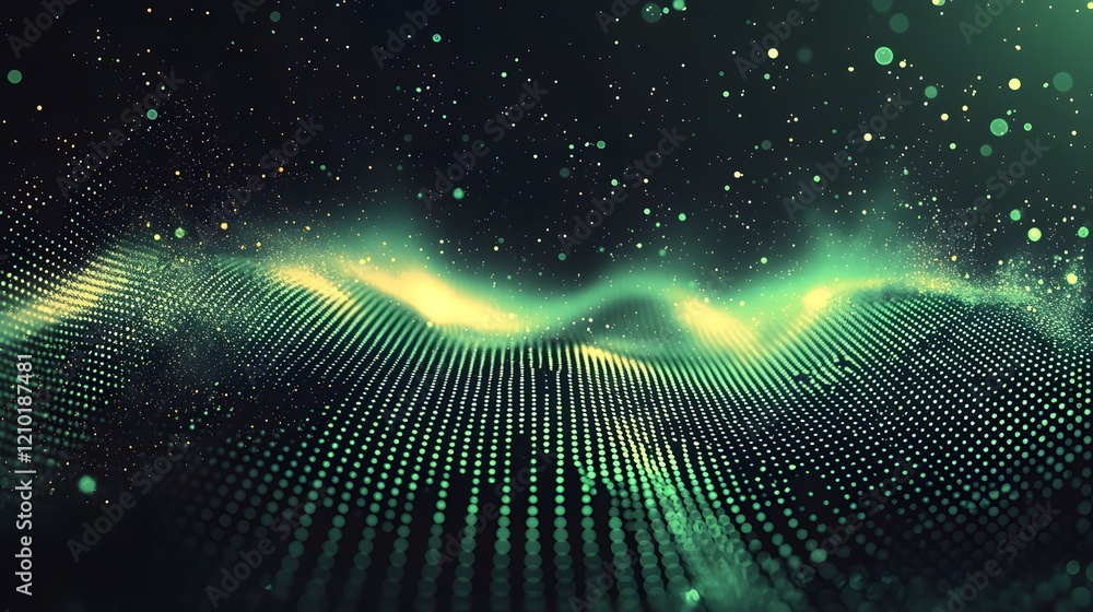 Poster Cyberpunk Themed Black and Green Halftone Design with Abstract Grunge Dots and Glowing Futuristic Accents  Dynamic and Atmospheric Digital Art with Geometric Patterns Textures and Lighting Gradients