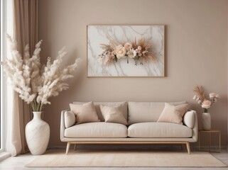 composition of warm living room interior, boucle sofa, marble console, white rack