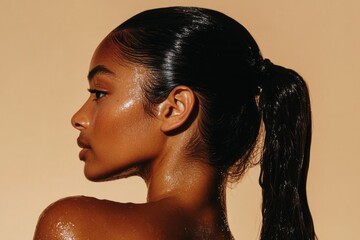 Woman with glossy skin facing sideways in profile view.