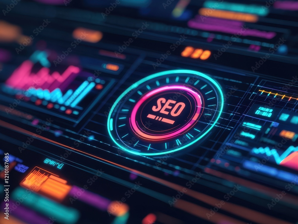 Poster a vibrant digital dashboard showcasing seo metrics, featuring graphs and data visualizations in neon