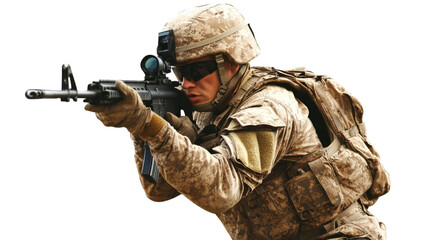 Fototapeta premium Soldier in tactical military gear, elite combat readiness and precision, showcasing elite operations attire, isolated on transparent background