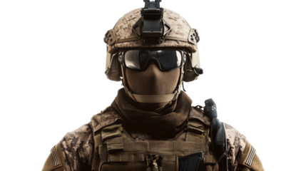 Soldier in tactical military gear, elite combat readiness and precision, showcasing elite operations attire, isolated on transparent background