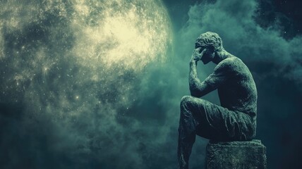 Contemplative statue of person under glowing moon with misty background at night