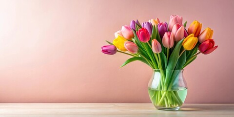 Vibrant spring tulips in a clear glass vase on a wooden surface against a pale pink background
