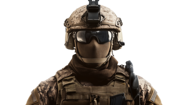 Soldier in tactical military gear, elite combat readiness and precision, showcasing elite operations attire, isolated on transparent background