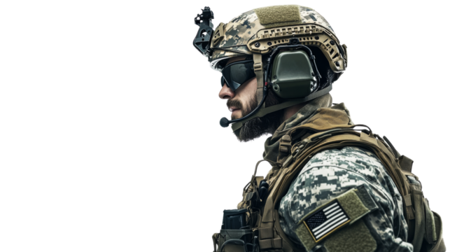 Soldier in tactical military gear, elite combat readiness and precision, showcasing elite operations attire, isolated on transparent background