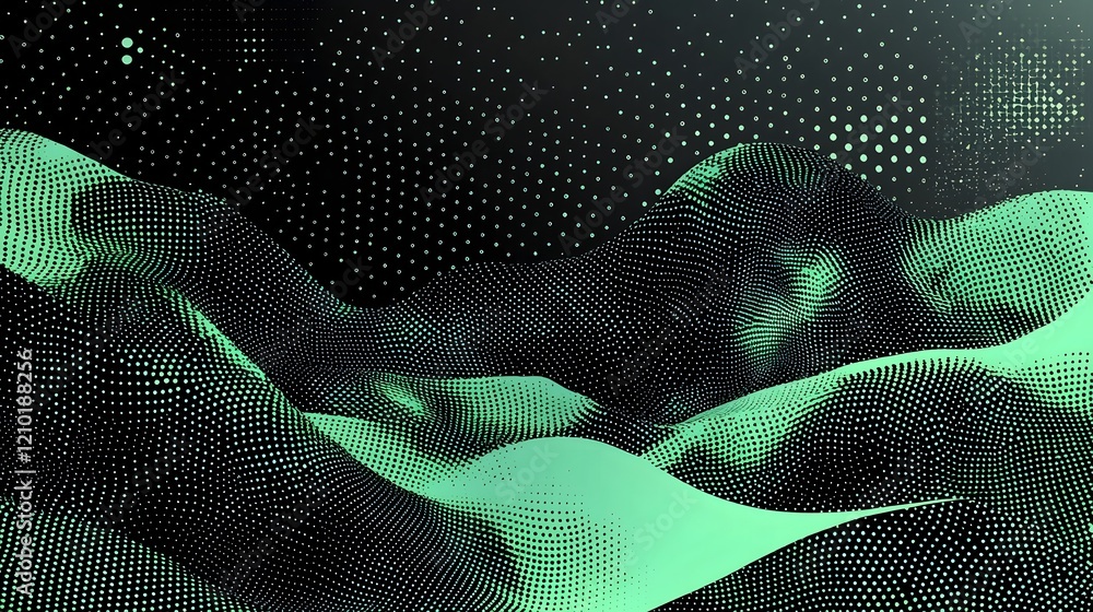 Poster Grungy halftone background in black and green with a sleek aesthetic and abstract digital textures  The image has a futuristic high tech and minimalist feel