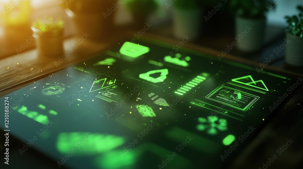 Poster futuristic green interface displaying various data and information on a transparent screen, suggesti