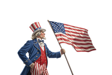 A proud Uncle Sam holding a waving American flag, dressed in a traditional blue suit with patriotic accents. Isolated on a transparent background