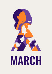 March month greeting card Different women inside big female silhouette in purple colors. Strong and brave girls support each other and feminist movement. Sisterhood and female friendship. Vector