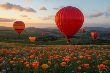 Obraz premium Balloons in a Sunset : Capture balloons against a sunset, creating a romantic atmosphere.