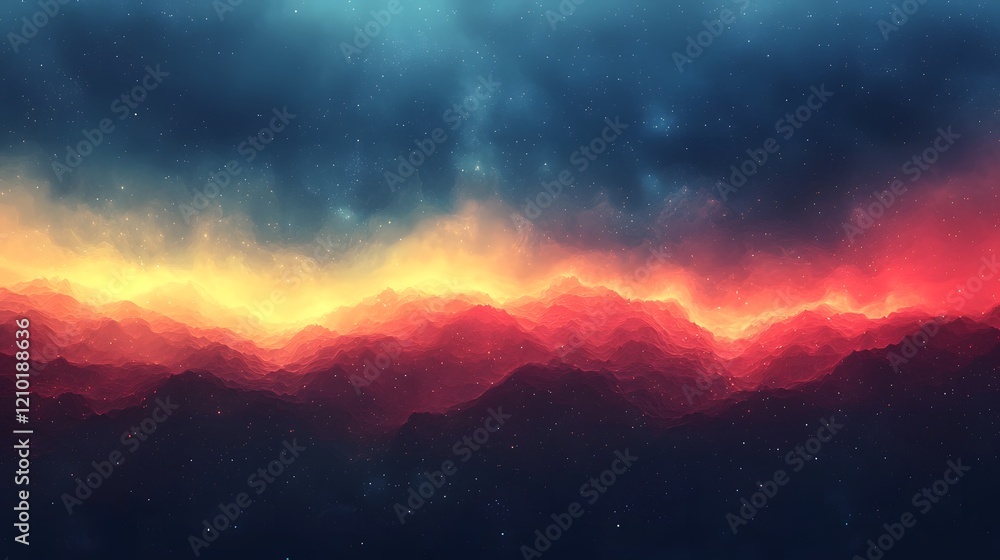 Poster dramatic gradient landscape featuring a stunning sunset over mountain peaks with a blend of dark blu
