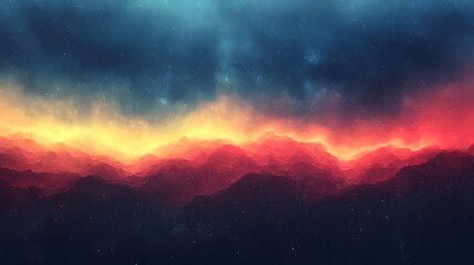 Naklejka premium Dramatic gradient landscape featuring a stunning sunset over mountain peaks with a blend of dark blue fiery red and vibrant yellow hues creating a captivating moody and atmospheric visual effect