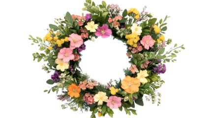 Spring wreath with a mix of vibrant flowers, isolated on transparent background