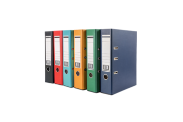 A row of six vibrant binders in black, red, blue, green, and orange, neatly aligned, representing organized documentation. Isolated on a transparent background