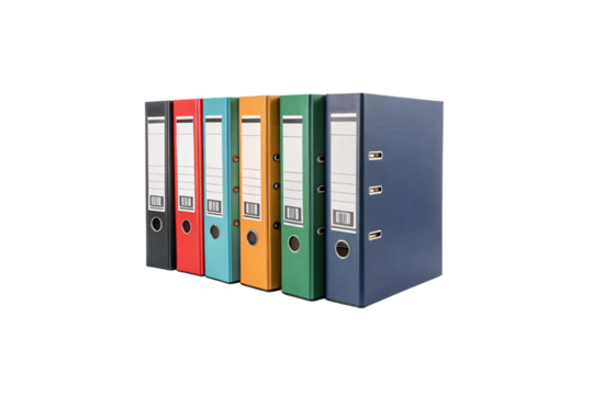 A row of six vibrant binders in black, red, blue, green, and orange, neatly aligned, representing organized documentation. Isolated on a transparent background