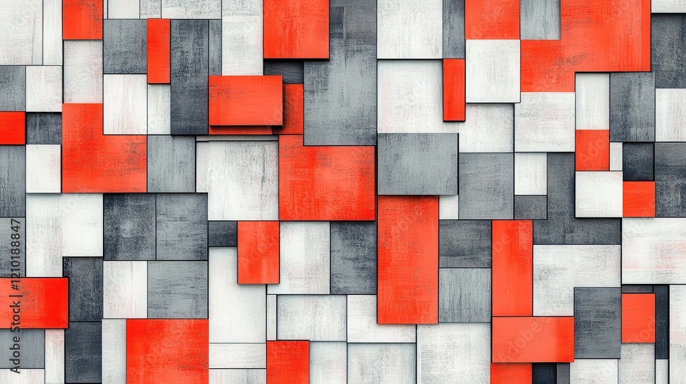 Poster fragmented coral and gray grids create a striking modern art composition in a contemporary space