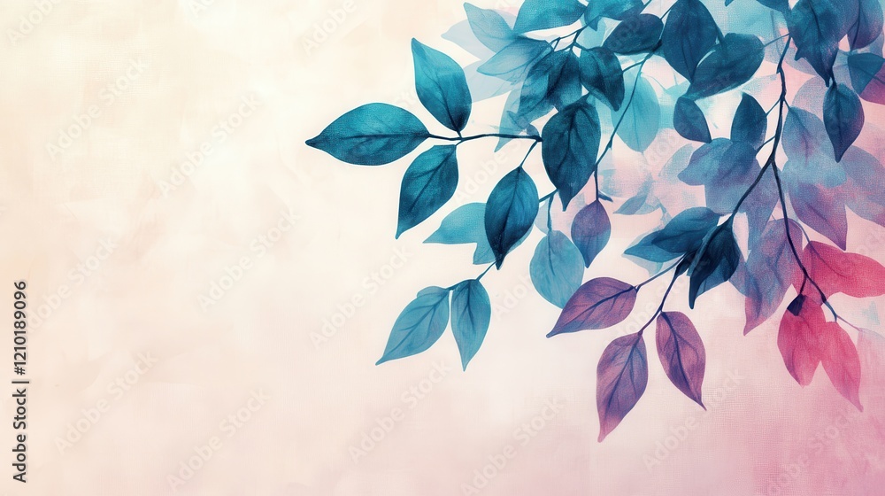 Poster artistic branches with leaves in vibrant gradients of color against a soft, blurred background