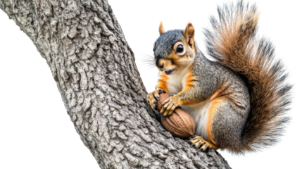 Squirrel storing nuts in a tree with bushy tail curled, isolated on transparent background