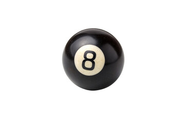 A shiny, black billiard eight ball with a white circular number, symbolizing precision and strategy. Isolated on a transparent background
