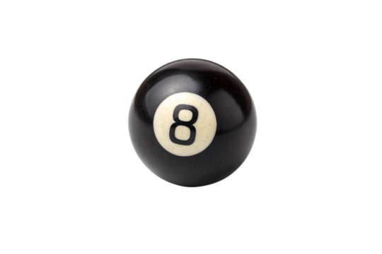 A shiny, black billiard eight ball with a white circular number, symbolizing precision and strategy. Isolated on a transparent background