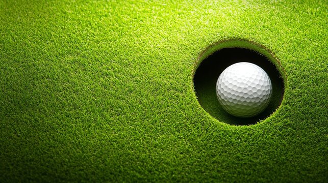 A close-up of a golf ball nestled in a hole on a lush green putting green, showcasing the textured grass surrounding it.