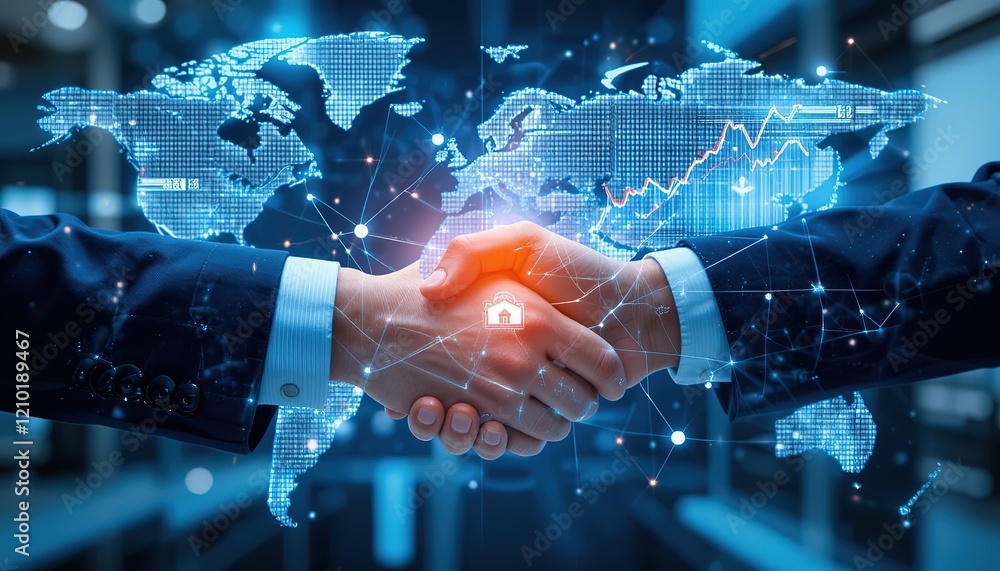 Poster deal business man shaking hands with effect global network link connection and graph chart of stock 