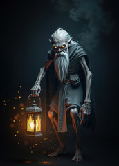 Fototapeta premium Sinister necromancer carrying lighted lantern in darkness